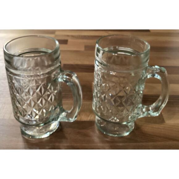 Vintage 5 3/4” Anchor Hocking Glass Mug Quilted Diamond Point Pattern Set Of 2 - Picture 6 of 11